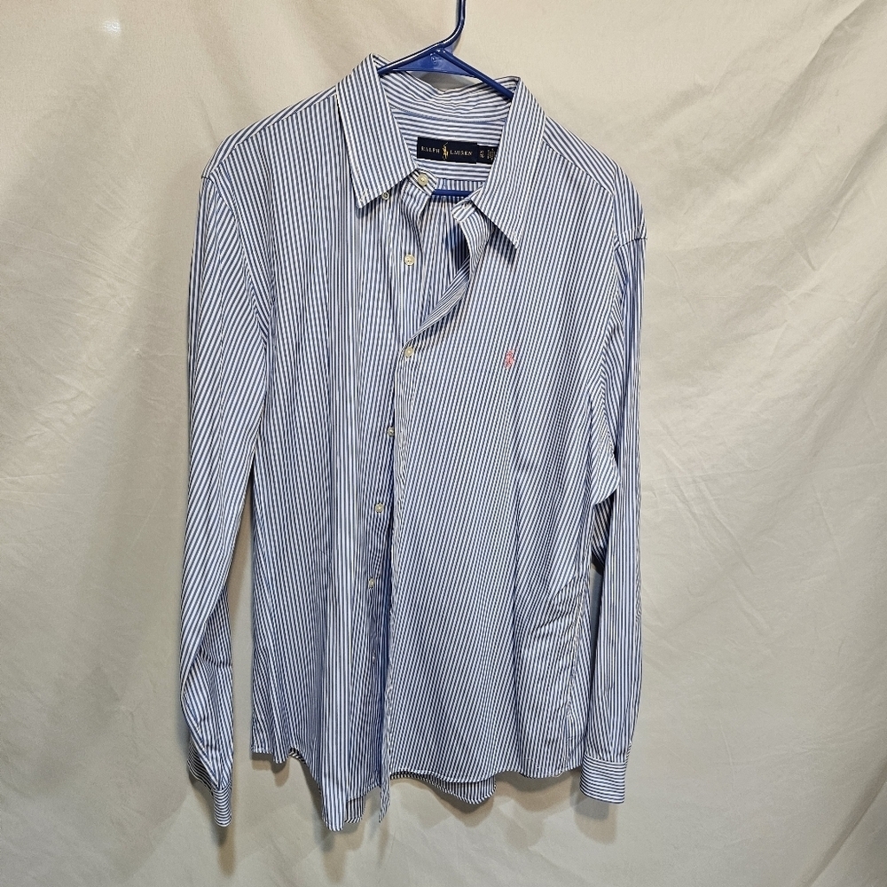 Polo Ralph Lauren Blue Striped Dress Shirt X-Large Pink Logo